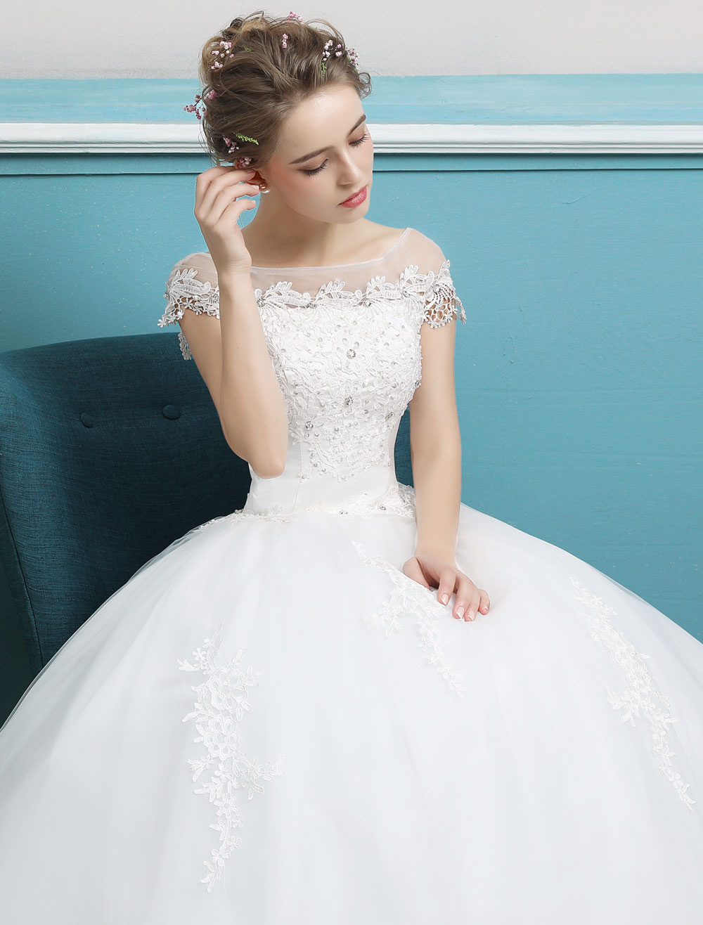 Princess Wedding Dresses Ball Gowns Lace Beaded Ivory Floor Length Bridal Dress 