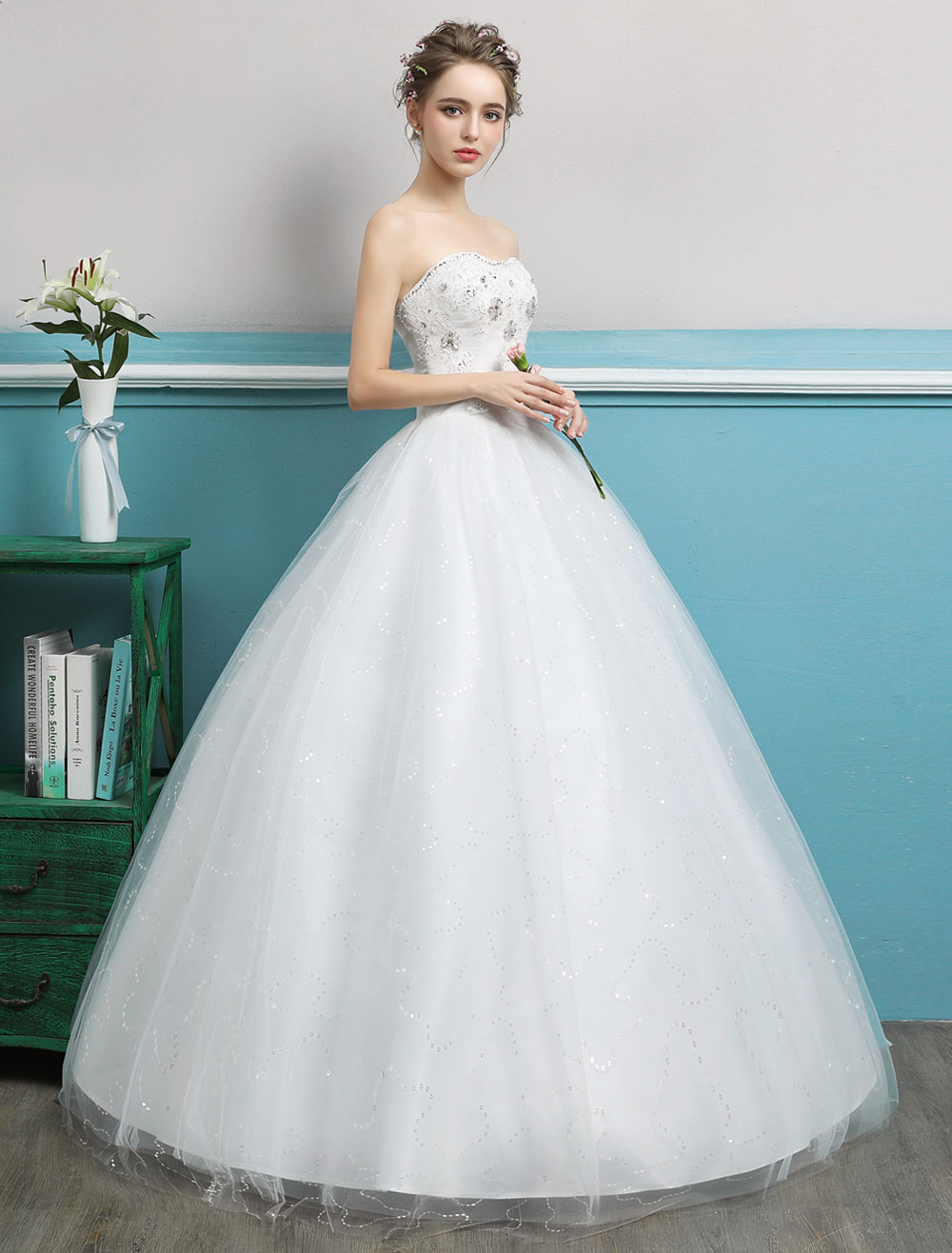 Princess Ball Gown Wedding Dresses Strapless Tulle Ivory Beading Floor 2308