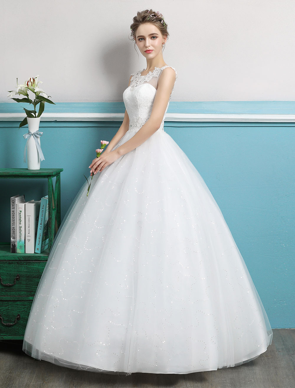Princess Ball Gown Wedding Dresses Tulle Backless Ivory Beading Floor 