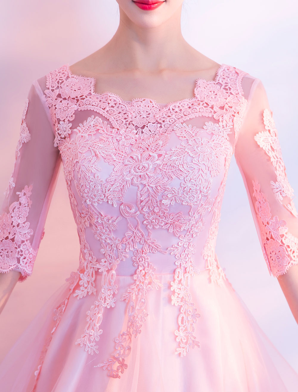 Cocktail Dresses High Low Pink Lace Half Sleeve Party Dresses