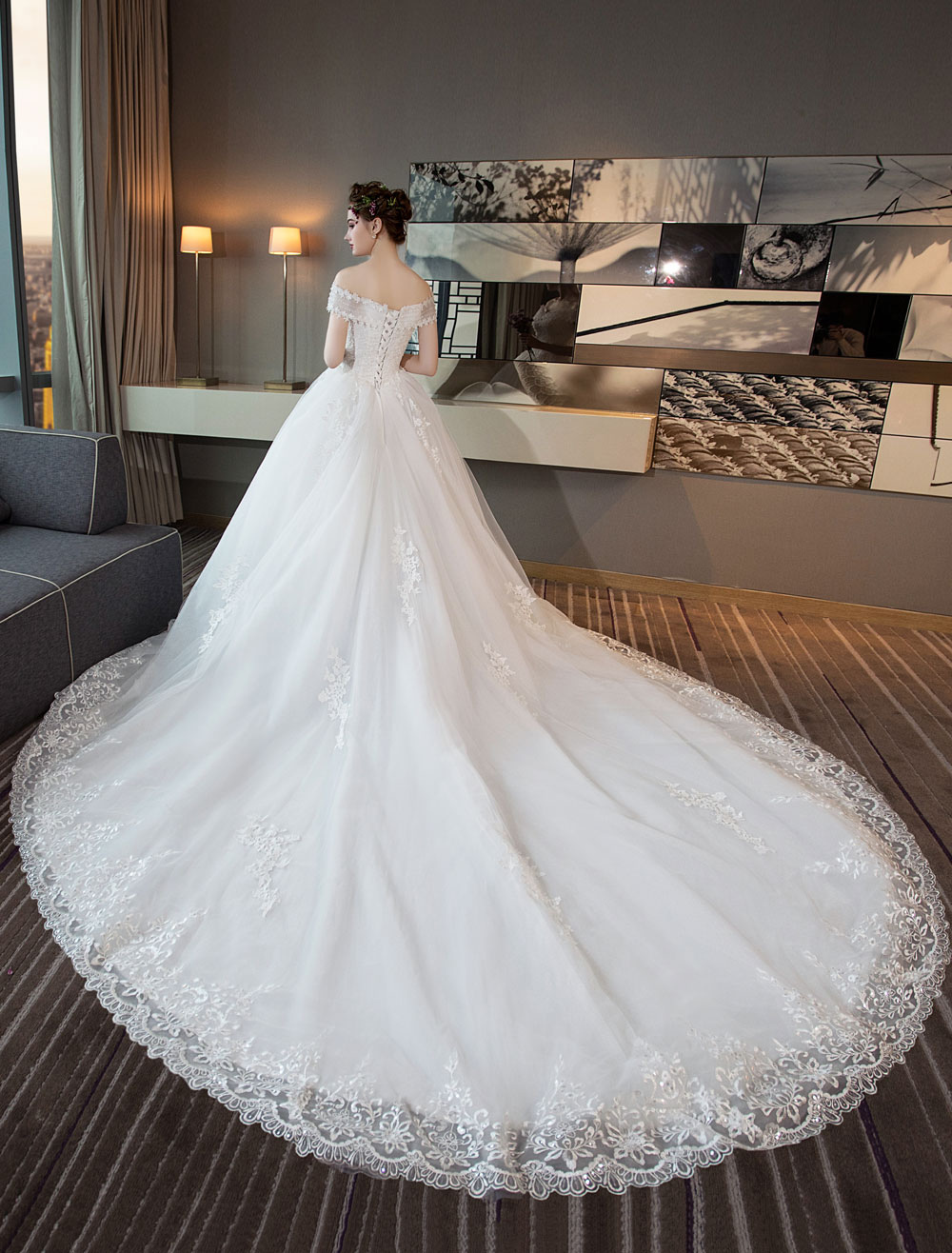 Ivory Wedding Dresses Off The Shoulder Lace Beading Cathedral Train ...