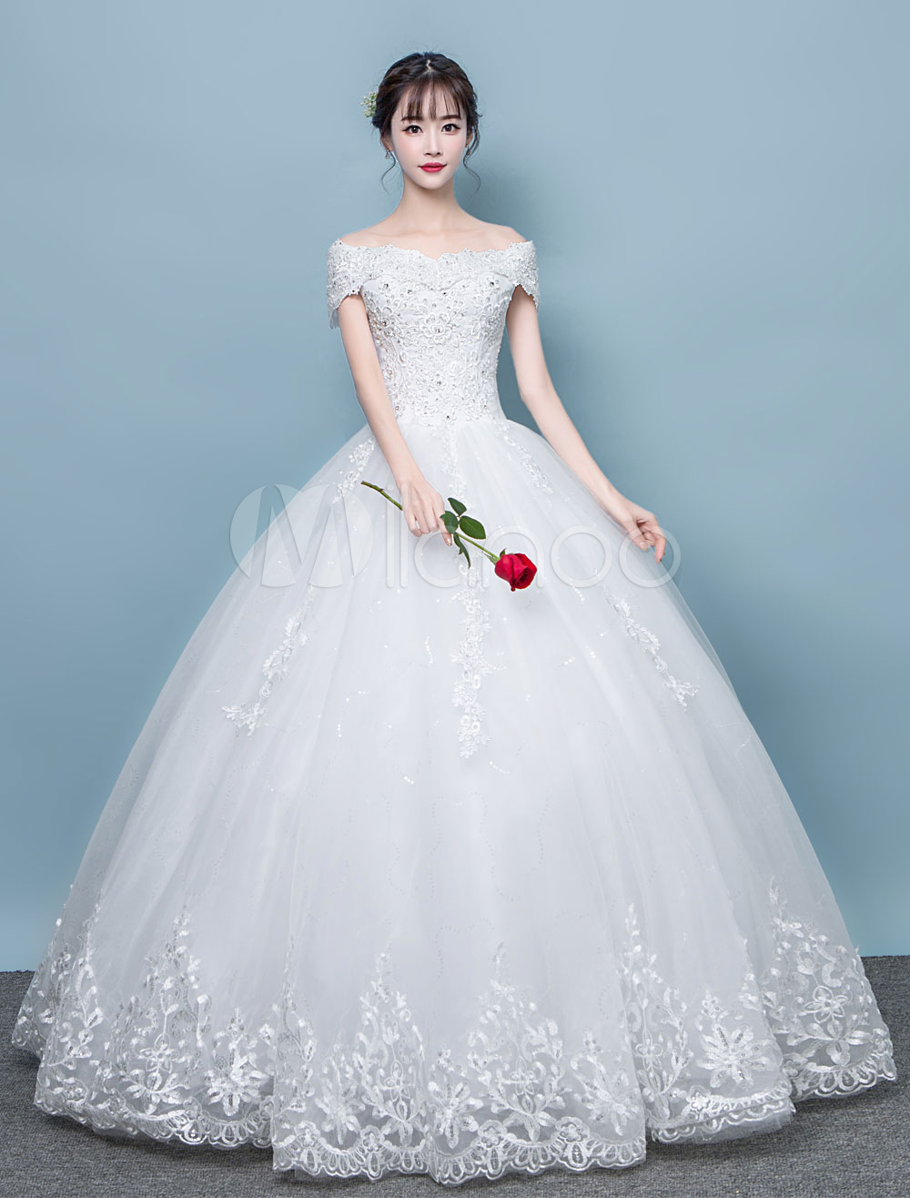 Ivory Wedding Dresses Off The Shoulder Lace Beading Ball Gown Bridal ...