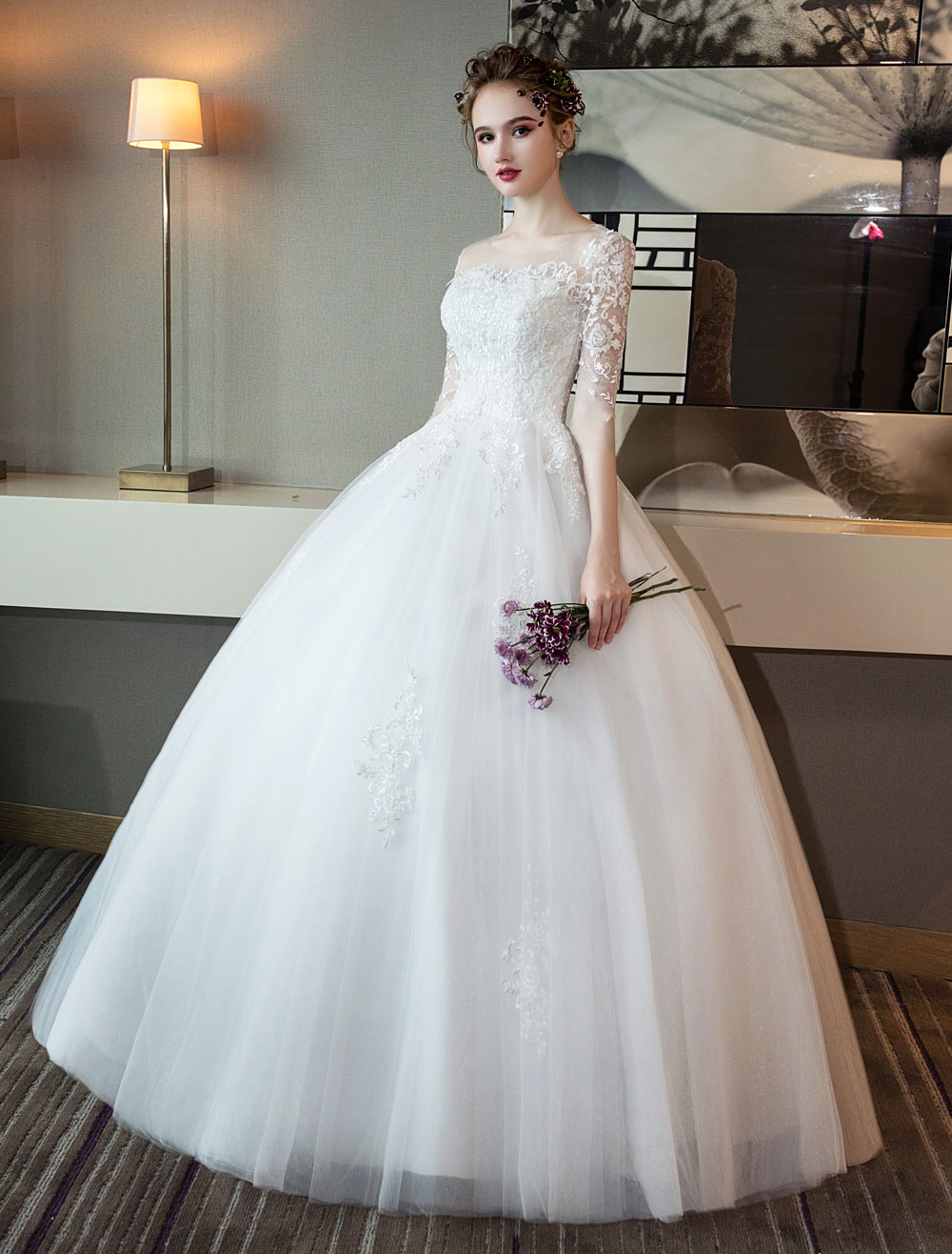 Princess Wedding Dress Ivory Ball Gown Half Sleeve Lace Off Shoulder ...