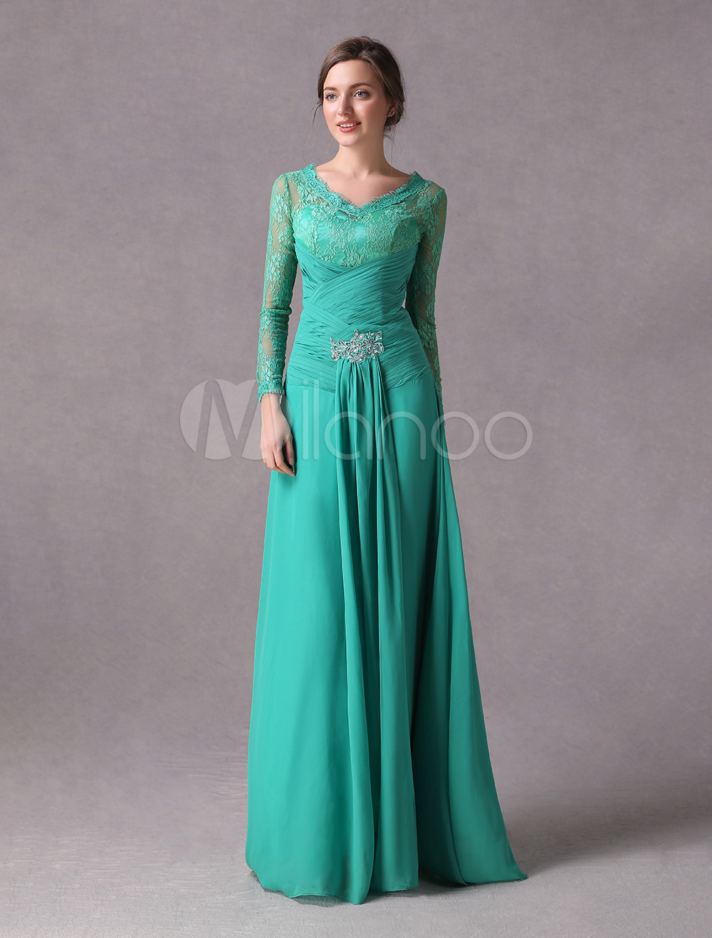Dark Green Lace Chiffon Mother of the Bride Dress with Short Sleeves main image 0