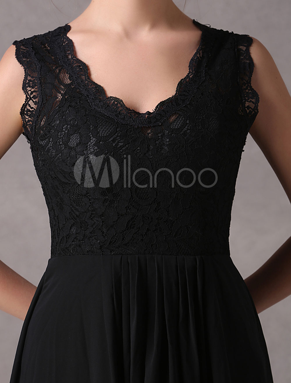 Black Prom Dresses Long Lace Chiffon Sleeveless V Neck Floor Length ...