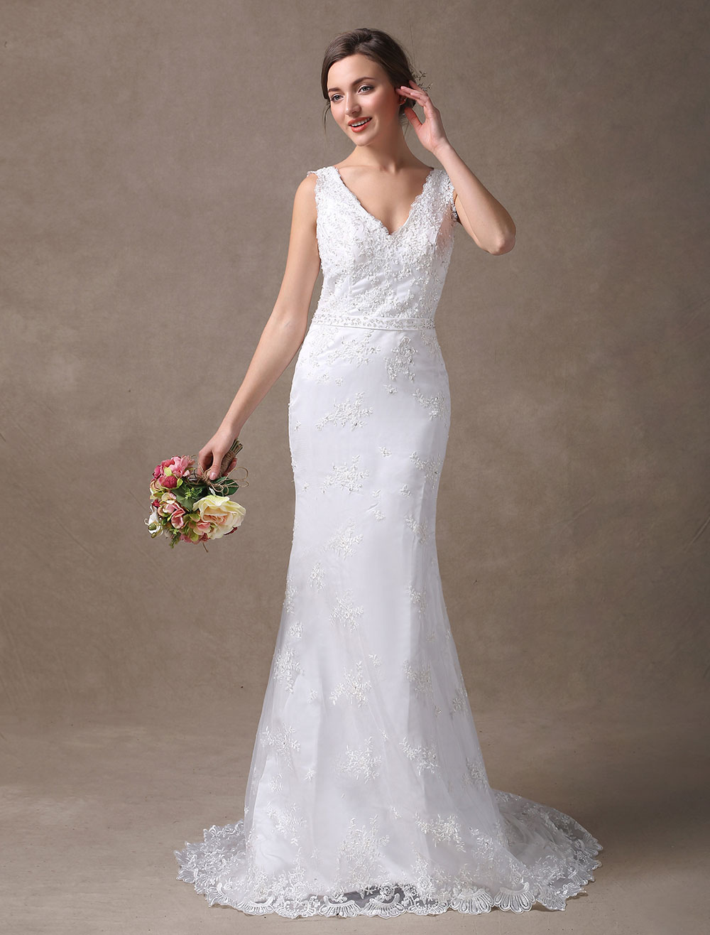 White Wedding Dresses Mermaid V Neck Lace Applique Beaded Bridal Dress With Train 
