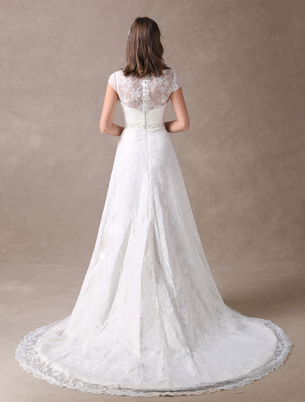 Long Lace Cap Sleeves Chiffon Gown with V Neck Ivory