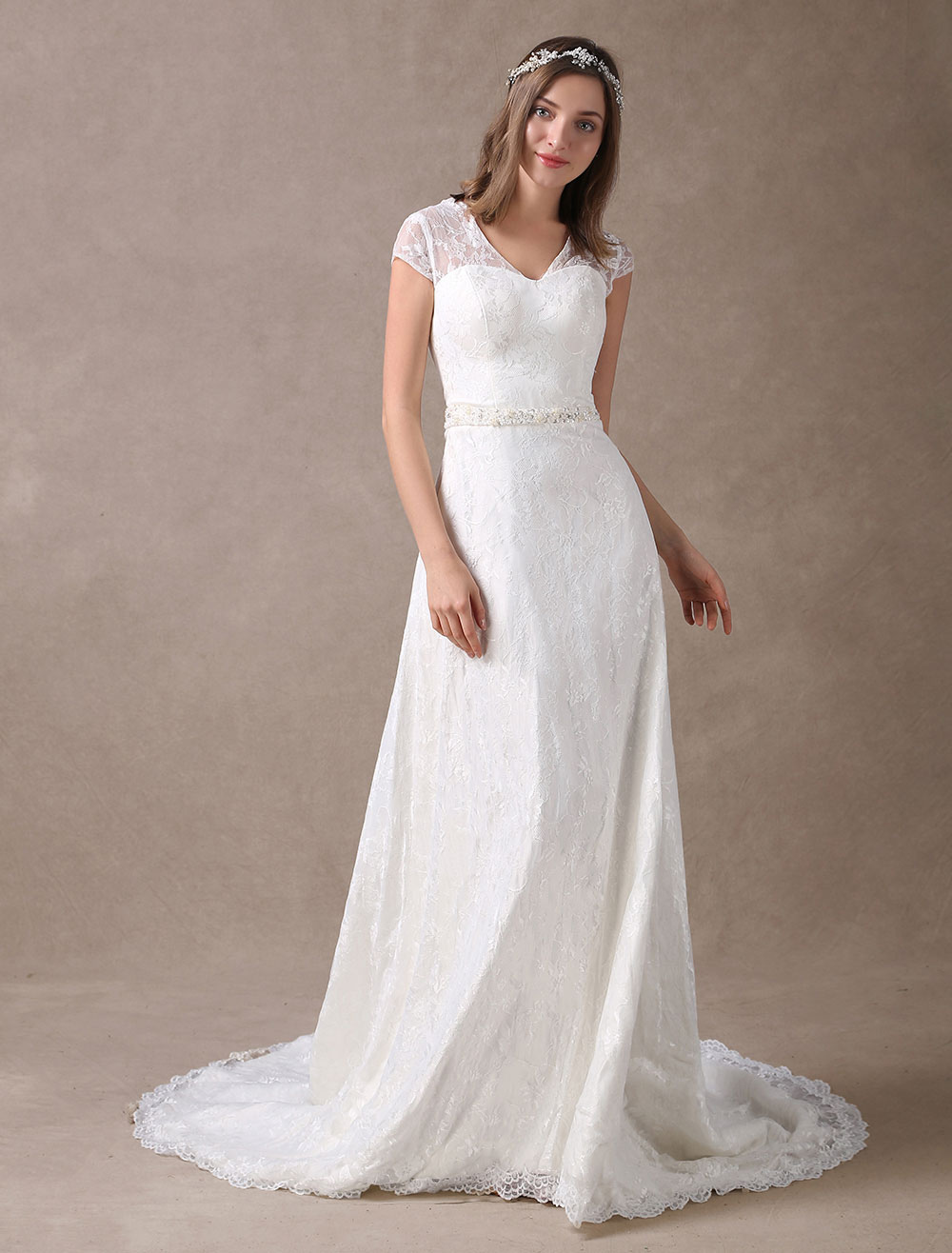 Lace Wedding Dresses Ivory V Neck Chiffon Beading Sash Cap Sleeve — free download