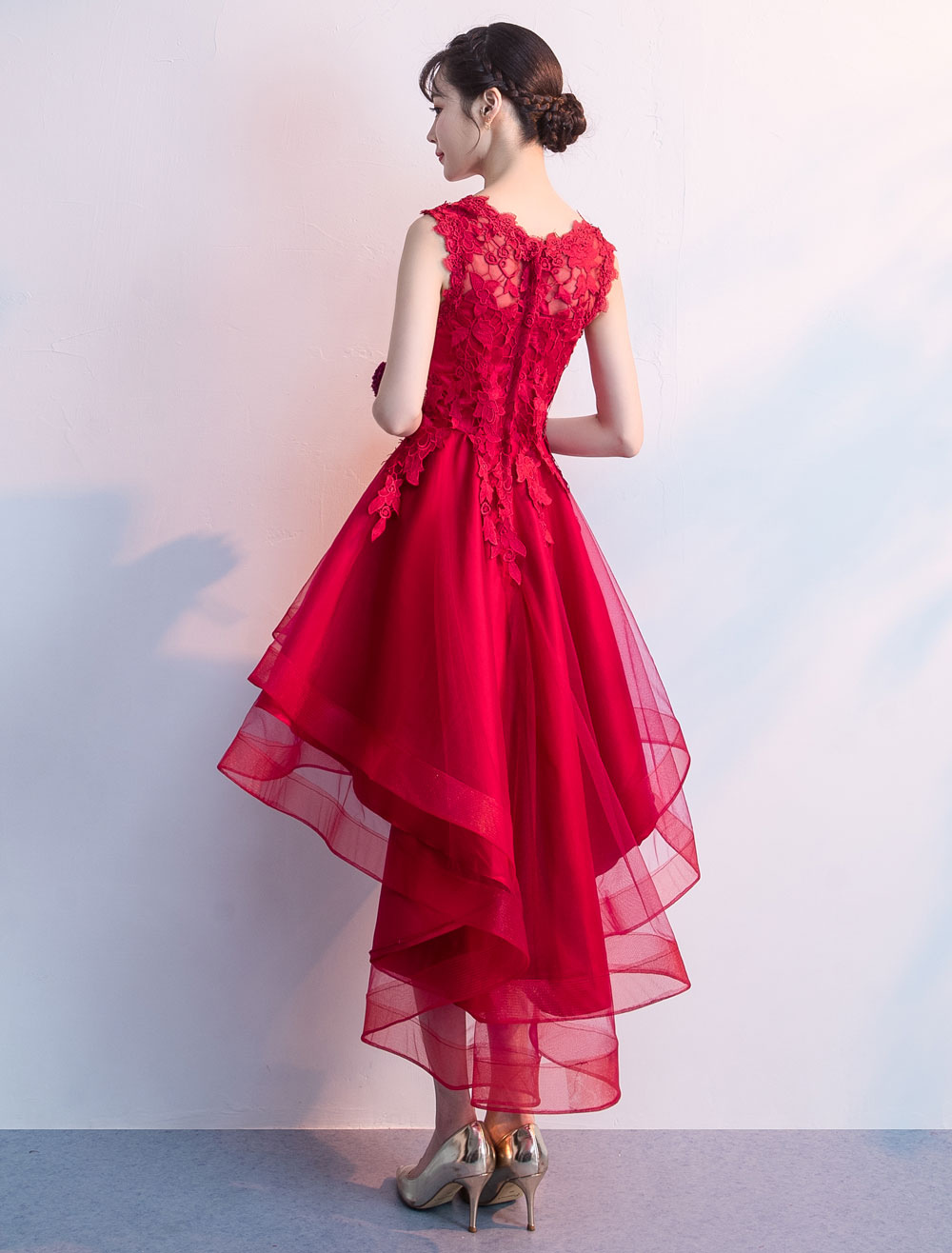 Cocktail Party Dresses Red High Low Prom Dress Lace Applique