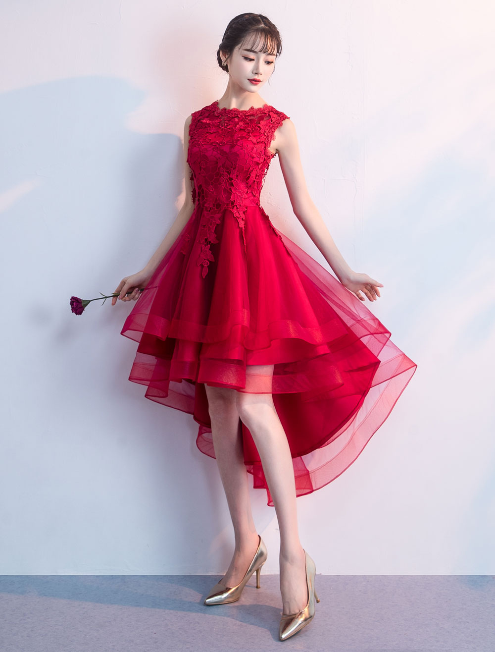 Cocktail Party Dresses Red High Low Prom Dress Lace Applique