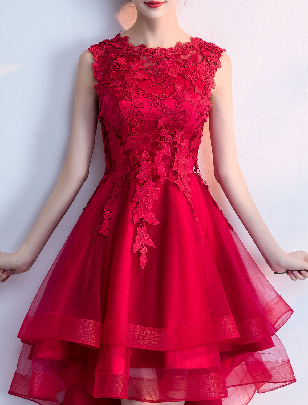Cocktail Party Dresses Red High Low Prom Dress Lace Applique