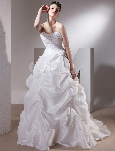 Hot White Satin Sweetheart Strapless Ball Gown Applique Wedding Dress 