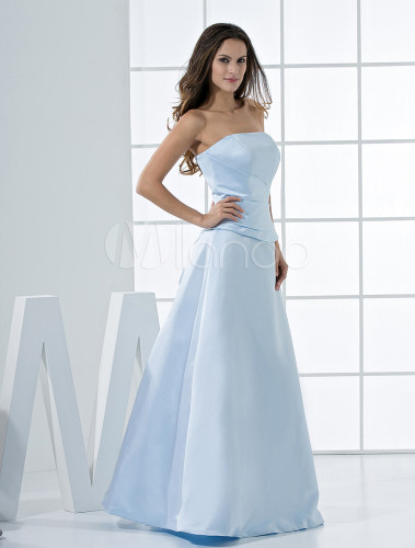 Fresh Light Sky Blue Satin Strapless Bridesmaid Dress 7745