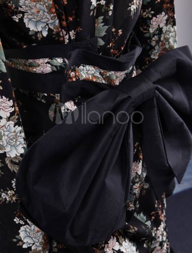 Black Floral Ninja Maid Long Sleeves Ruffles Cotton Lolita Dress ...