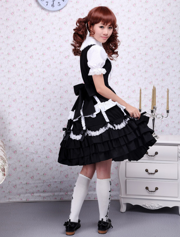 Cotton Black Lace Ties Gothic Lolita Dress