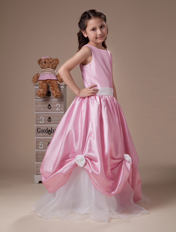 White And Pink Sleeveless Sash Taffeta Organza Flower Girl Dress ...