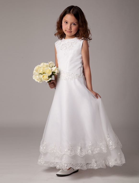 Sweet A-line White Satin Sleeveless Ankle-length First Communion Dress 