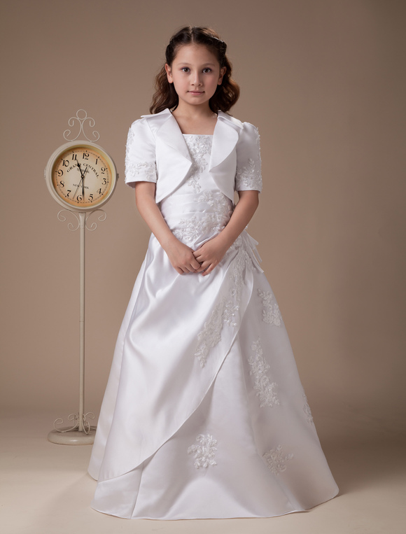 Boda Vestidos de banquete | Vestido de niña de flores blanco de satén de línea A hasta el suelo - KZ29197