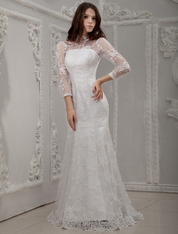 White Long Lace Sleeves Bridal Wedding Dress - Milanoo.com