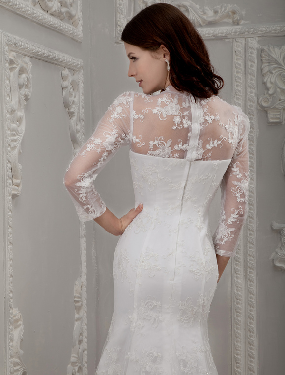 White Long Lace Sleeves Bridal Wedding Dress - Milanoo.com