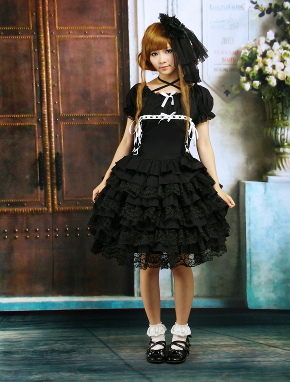 Black Lolita OP Dress Short Sleeves with Ruffles and Lace Trims ...