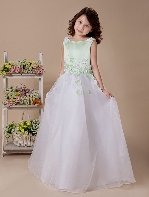 Beauteous White A-line Jewel Satin Floor Length Flower Girl Dress ...