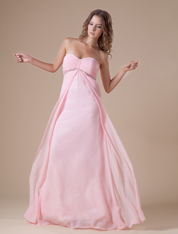 Pink Strapless Sweetheart Empire Waist Chiffon Maxi Bridesmaid Dress ...