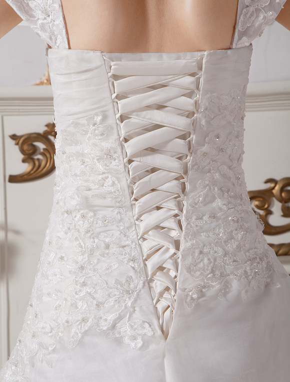 White A-line Sweetheart Cap Sleeves Lace Satin Wedding Dress - Milanoo.com