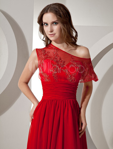 Attractive Red Chiffon One Shoulder Side Split Evening Dress - Milanoo.com