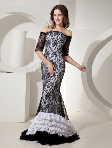 Black Off-The-Shoulder Mermaid Trumpet Lace Evening Dress - Milanoo.com