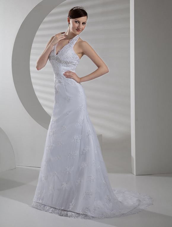A Line Bow White Halter Satin Wedding Dress