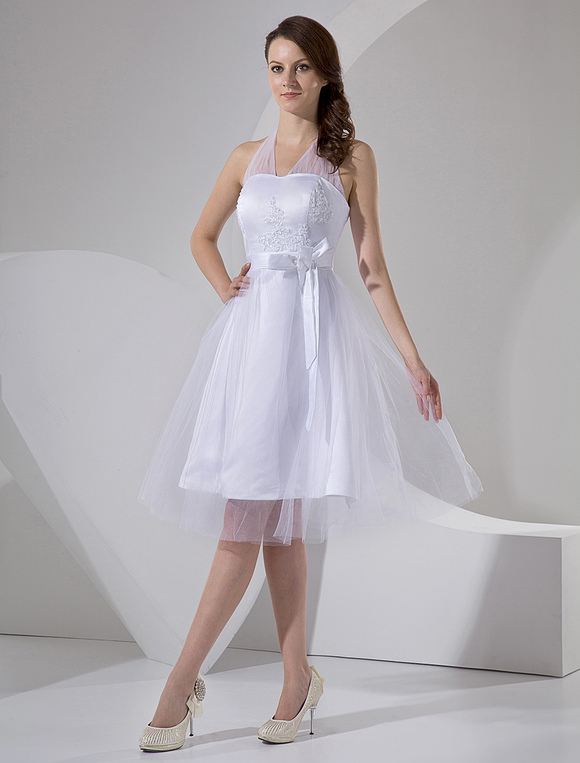White Halter Embroidery Sash Satin Mini Wedding Dress - Milanoo.com