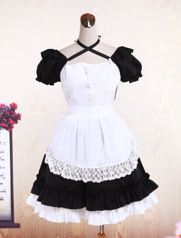 Sweet Black Cotton Maid Lolita One-piece White Apron Short Sleeves Lace ...