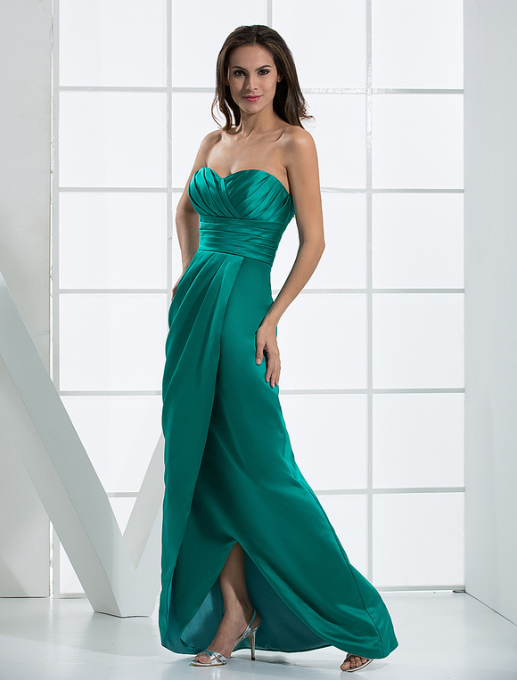 Sweetheart Evening Dress Blue Green Strapless Floor Length Satin Prom ...