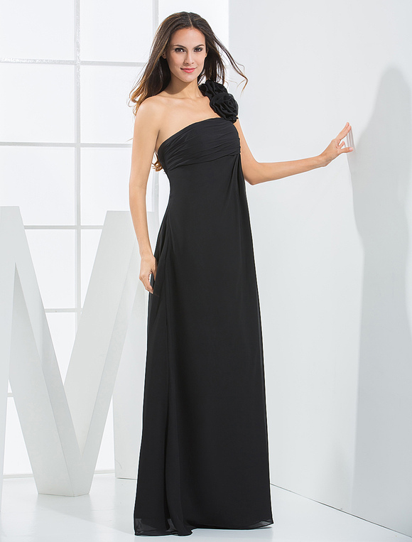 Black A-line One-shoulder Chiffon Floor-length Evening Dress - Milanoo.com