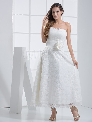 Sweetheart Neck A-line Sash Tea-Length Ivory Bridal Wedding Dress ...