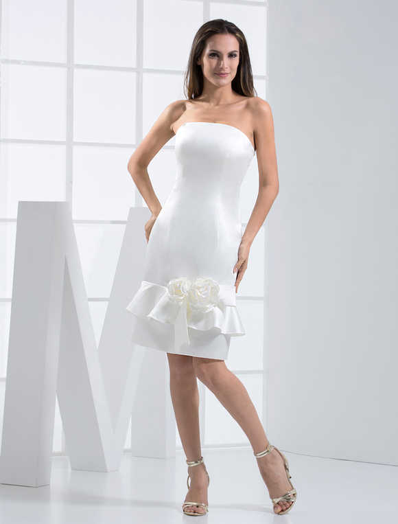 Elegant Strapless Applique Satin Mini Wedding Dress - Milanoo.com