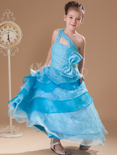 Gorgeous Blue Tulle One Shoulder Floor Length Girls Pageant Dress ...