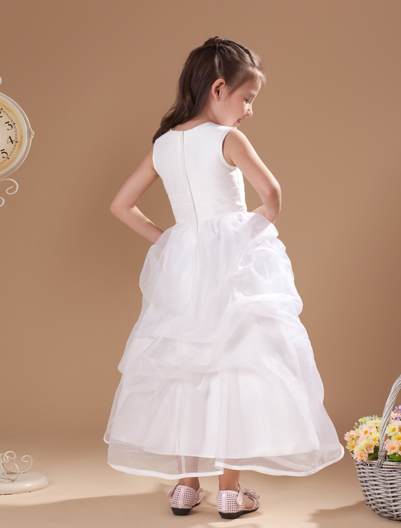 White Sleeveless Ruched Bottom Satin Organza Flower Girl Dress ...