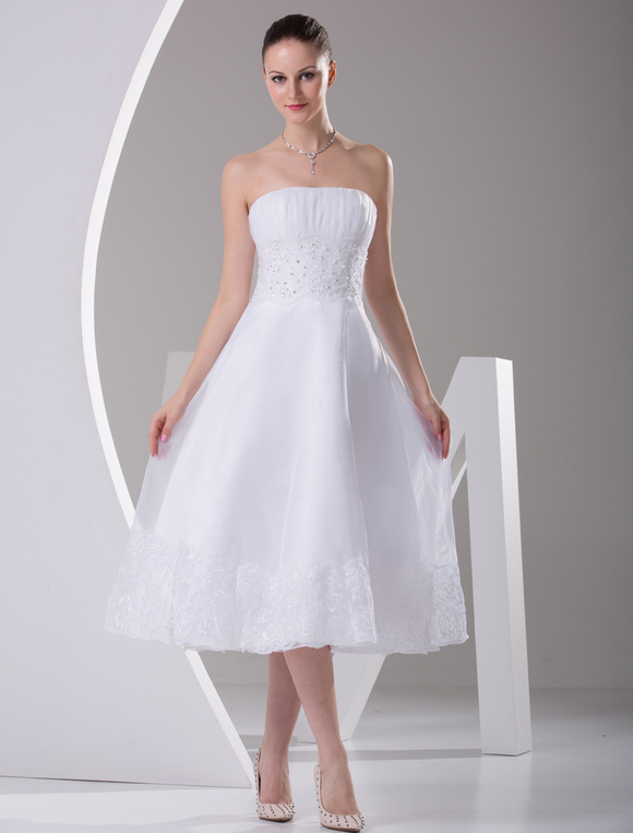 Boda Vestidos de novia | Vestidos De Novia Sencillos Blanco Sin Tirantes Linea-A Satin Corto Vestido De Novia De Recepción - FD13095