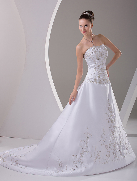Nice White Strapless A-line Embroidery Sweep Satin Wedding Gown ...