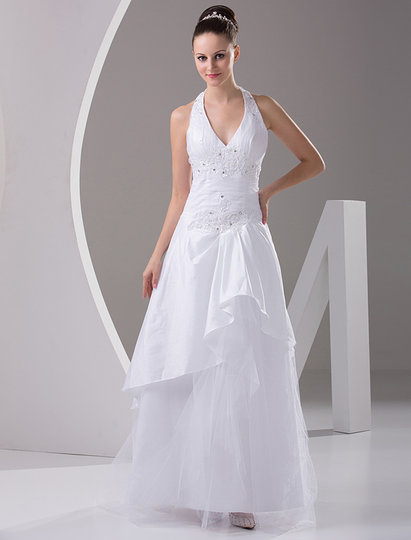 Boda Vestidos de novia | Vestido de novia de tafetán escote halter aplicación hasta el suelo - CV22400