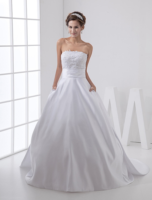 White Fantastic Satin A-line Strapless Wedding Dress - Milanoo.com