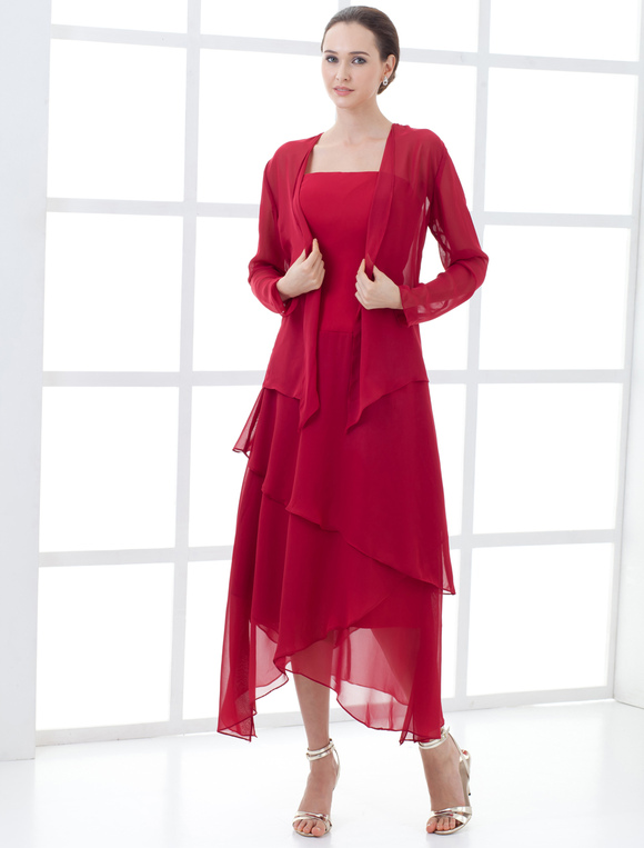 Elegant Wine Red Chiffon Mother Of The Bride Dress Wedding Guest