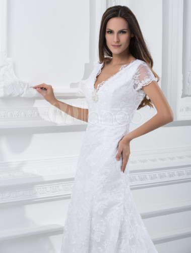 Fantastic White Satin V-neck A-line Celebrity Wedding