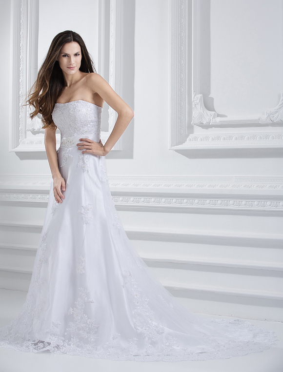 White A-line Strapless Beading Lace Satin Wedding Dress - Milanoo.com