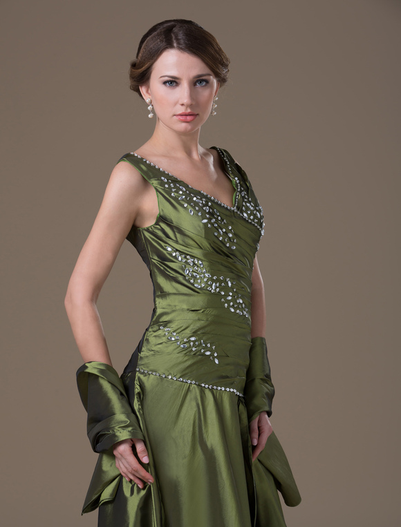 Mother Of Bride Dress Green Wrap V Neck Floor Length Taffeta Wedding