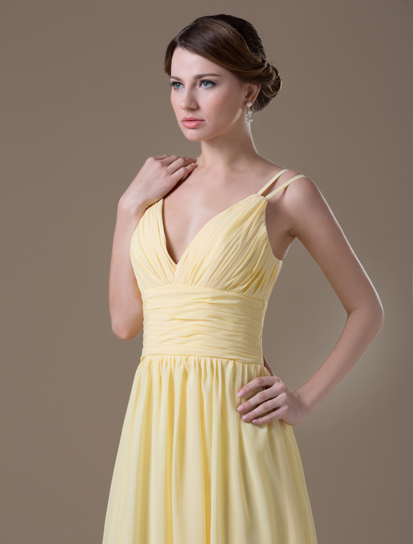 Princess Silhouette Yellow Chiffon Maternity Bridesmaid Dress with V ...