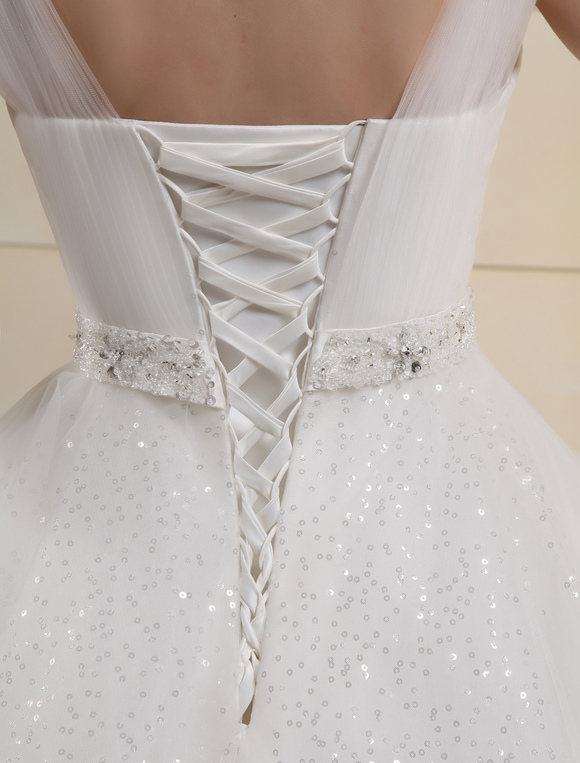 White Sweetheart Sequin Beading Tulle Bridal Wedding Gown - Milanoo.com
