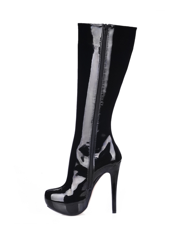 Black Knee High Boots Women Platform Patent Leather High Heel Booties ...